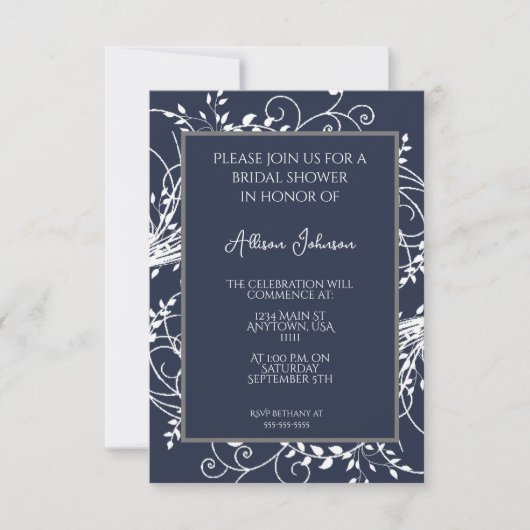 Invitation à la douche nuptiale fleurie bleu marin (Devant)