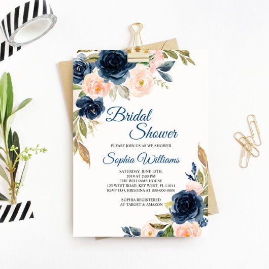 Invitation à la douche nuptiale florale bleu et bl