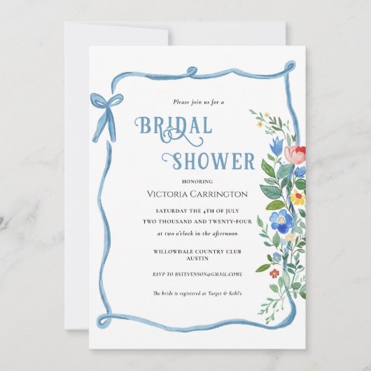 Invitation à la douche nuptiale Florale Bow bleu (Devant)