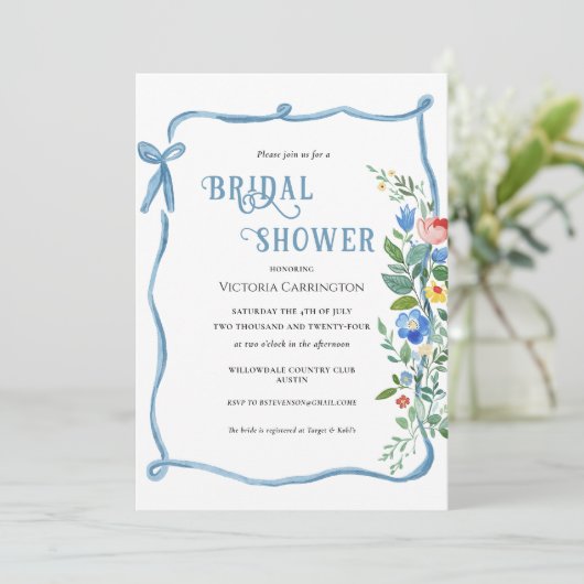 Invitation à la douche nuptiale Florale Bow bleu (Debout devant)
