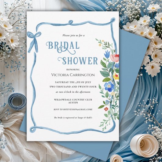 Invitation à la douche nuptiale Florale Bow bleu