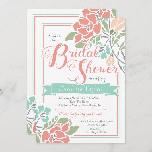 Invitation à la douche nuptiale florale en corail  (Devant / Derrière)