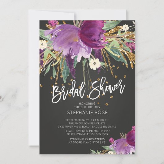 Invitation à la douche nuptiale florale violet et  (Devant)