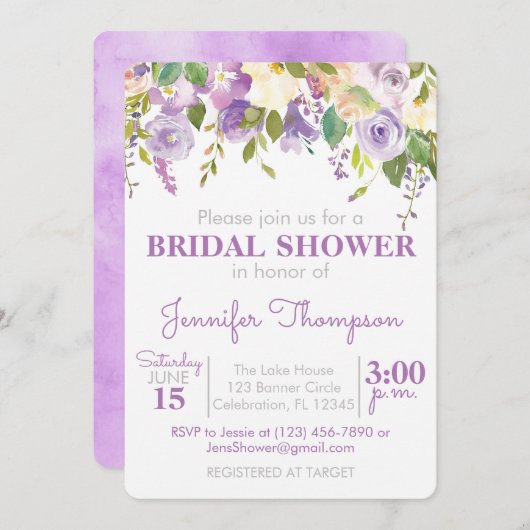 Invitation à la douche nuptiale florale violette (Devant / Derrière)