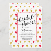 Invitation à la douche nuptiale Gold Red Hearts