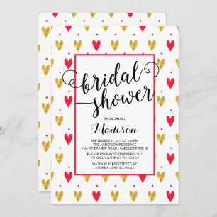 Invitation à la douche nuptiale Gold Red Hearts