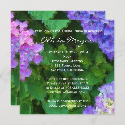 Invitation à la douche nuptiale Hydrangeas Waterco (Devant / Derrière)