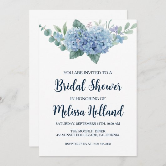 invitation à la douche nuptiale hydrangée bleu pou (Devant / Derrière)