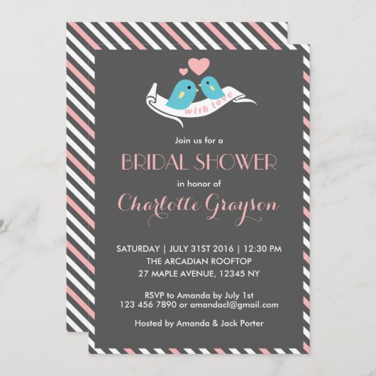 Invitation à la douche nuptiale Inséparable rose G (Devant / Derrière)