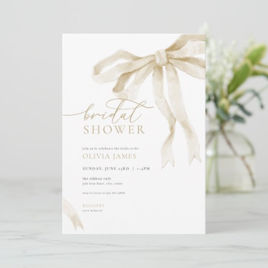 Invitation à la douche nuptiale Ivory Bow Ruban bl (Debout devant)