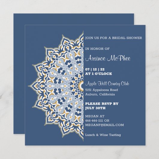 Invitation à la douche nuptiale Mandala bleu et or (Devant / Derrière)