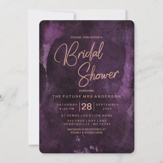 Invitation à la douche nuptiale noire violet et Ro (Devant)