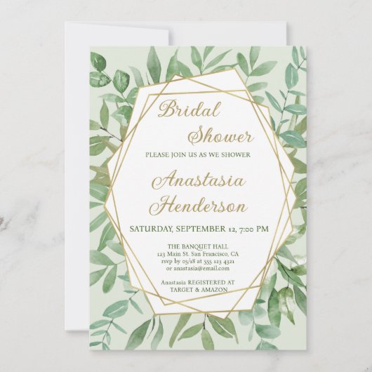 Invitation à la douche nuptiale or et verdure (Devant)