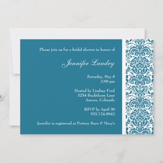 Invitation à la douche nuptiale Peacock Blue Damas (Devant)
