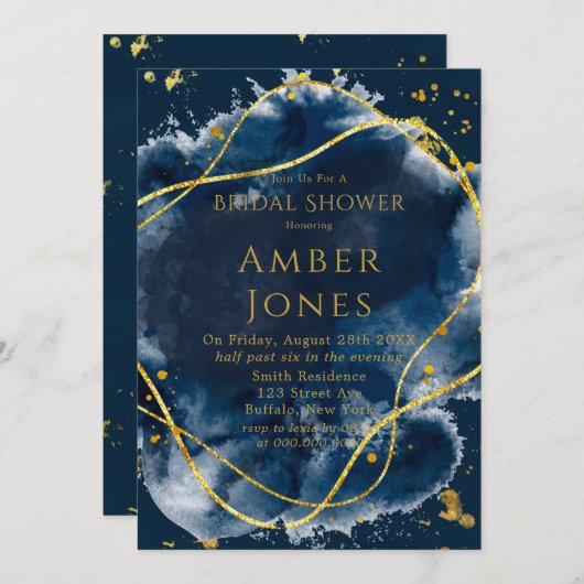 Invitation à la douche nuptiale peinte en or bleu  (Devant / Derrière)