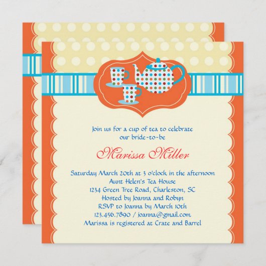 Invitation à la douche nuptiale Pot de thé Polka D (Devant / Derrière)