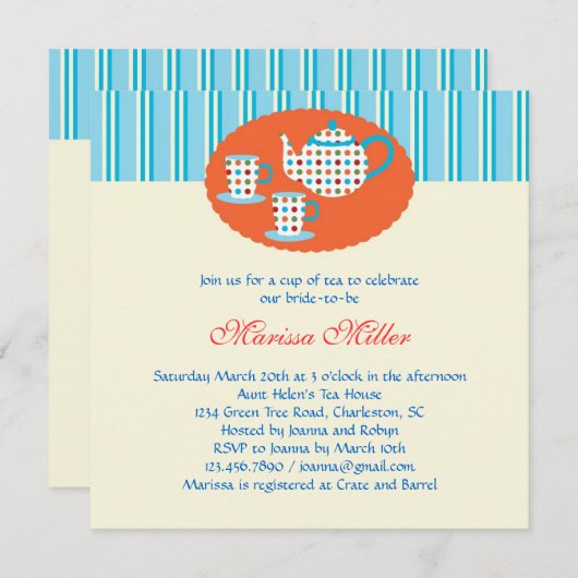 Invitation à la douche nuptiale Pot de thé Polka D (Devant / Derrière)