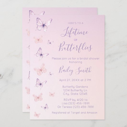 Invitation à la douche nuptiale pour papillons (Devant / Derrière)