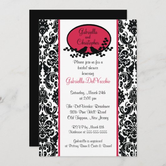 Invitation à la douche nuptiale Red Damask (Devant / Derrière)