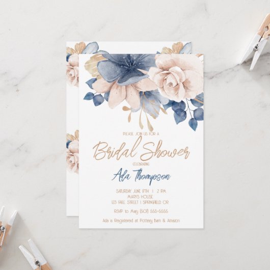 Invitation à la douche nuptiale Rose, bleue et blu (Devant/Arrière en situation)