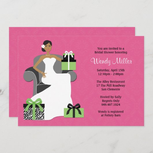 Invitation à la douche nuptiale rose et verte (Devant / Derrière)