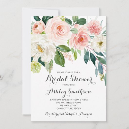 invitation à la douche nuptiale rose, fleurs roses (Devant)