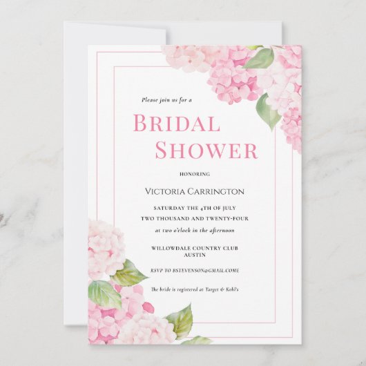 Invitation à la douche nuptiale rose Hydrangea (Devant)