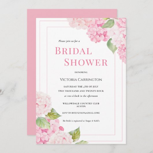 Invitation à la douche nuptiale rose Hydrangea (Devant / Derrière)
