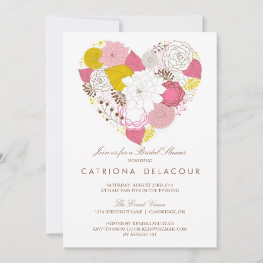 Invitation à la douche nuptiale rose jaune du coeu (Devant)