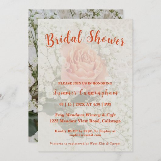 Invitation à la douche nuptiale Rose orange (Devant / Derrière)