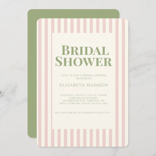Invitation à la douche nuptiale rose rayé vert rét (Devant / Derrière)