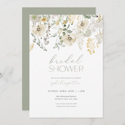 Invitation à la douche nuptiale Sage Green Boho Fl (Devant / Derrière)