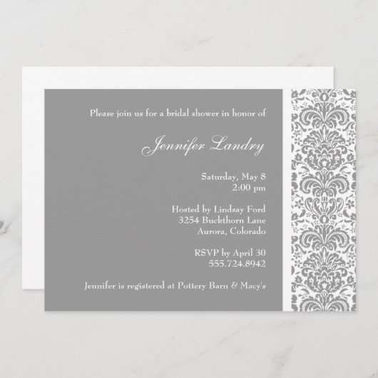 Invitation à la douche nuptiale Silver Damask (Devant / Derrière)