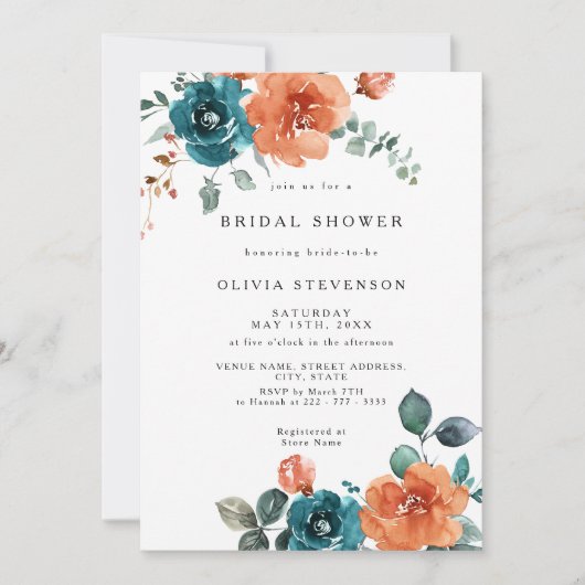 Invitation à la douche nuptiale Turquoise orange b (Devant)