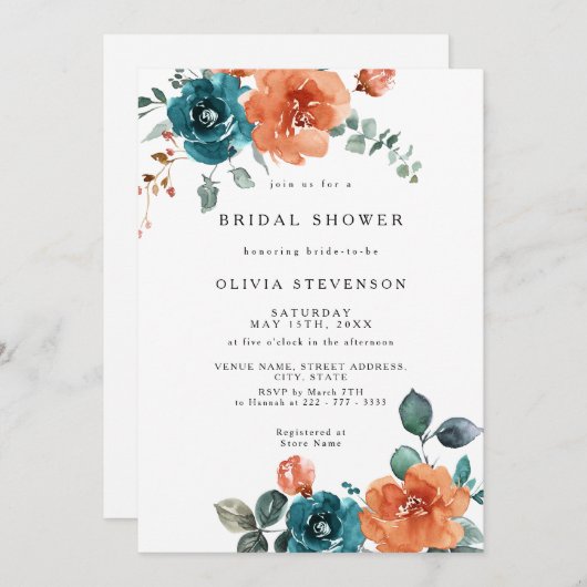 Invitation à la douche nuptiale Turquoise orange b (Devant / Derrière)