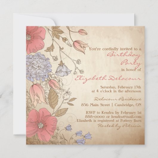 Invitation à la douche nuptiale vintage Fleurs rou (Devant)