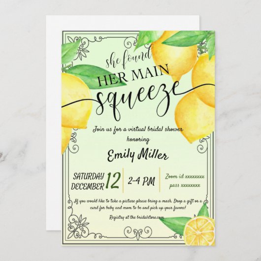 Invitation à la douche nuptiale virtuelle citron (Devant / Derrière)