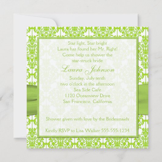 Invitation à la douche nuptiale White, Lime Damask (Dos)
