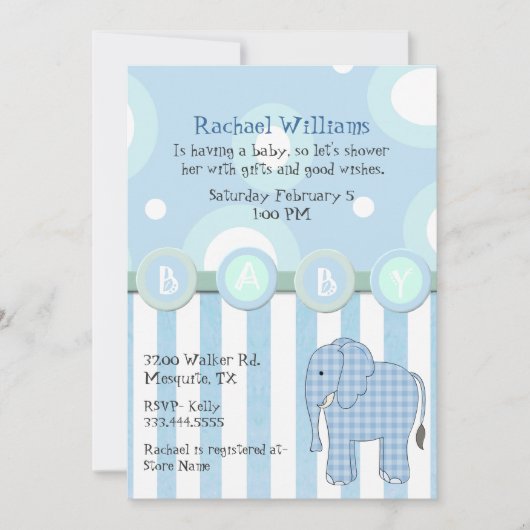 Invitation à la douche pour bébé Blue Elephant Boy (Devant)
