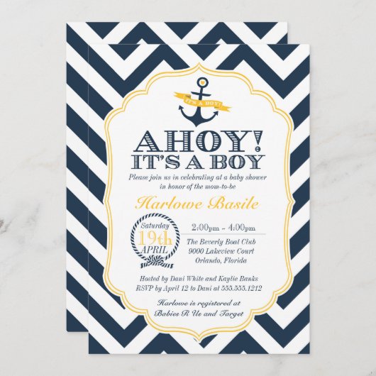 Invitation à la douche pour bébé Chevron Nautical (Devant / Derrière)