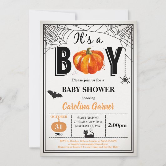 Invitation à la douche pour bébé d'Halloween. C'es (Devant)