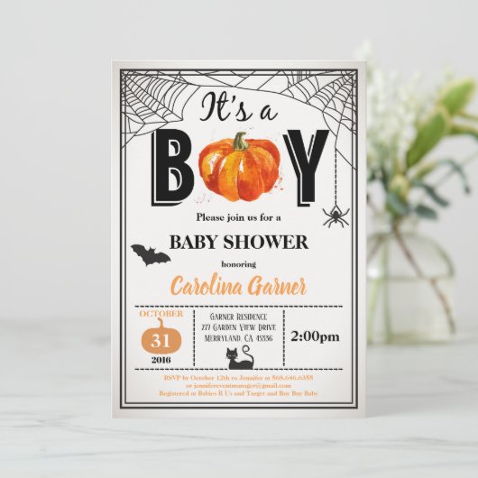 Invitation à la douche pour bébé d'Halloween. C'es (Debout devant)