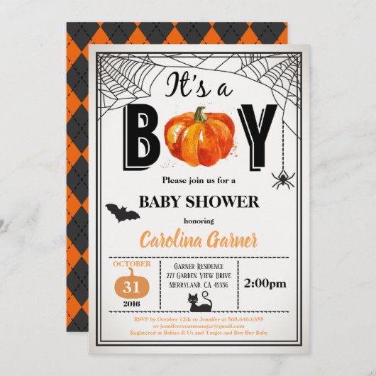 Invitation à la douche pour bébé d'Halloween. C'es (Devant / Derrière)