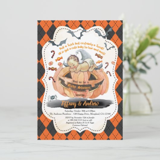 Invitation à la douche pour bébé d'Halloween. Garç (Debout devant)