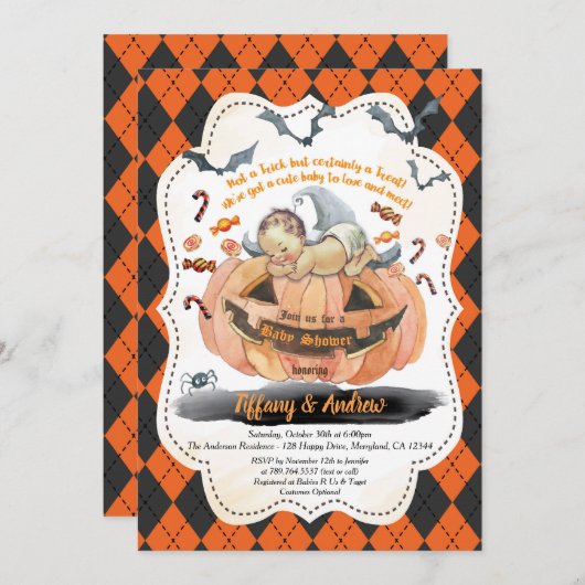 Invitation à la douche pour bébé d'Halloween. Garç (Devant / Derrière)