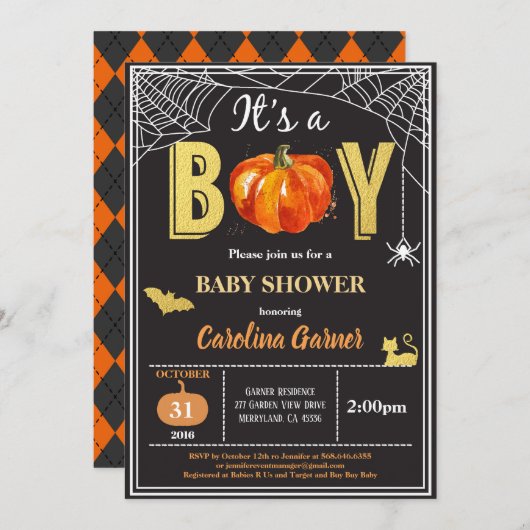 Invitation à la douche pour bébé d'Halloween. Or n (Devant / Derrière)