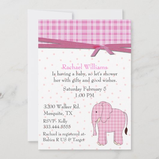 Invitation à la douche pour bébé éléphant rose (Devant)