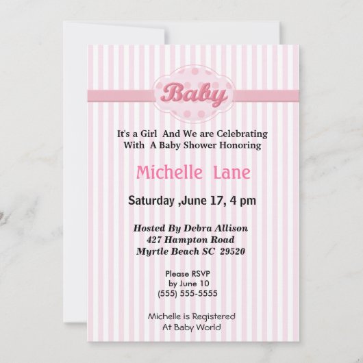 Invitation à la douche pour bébé fille (Devant)