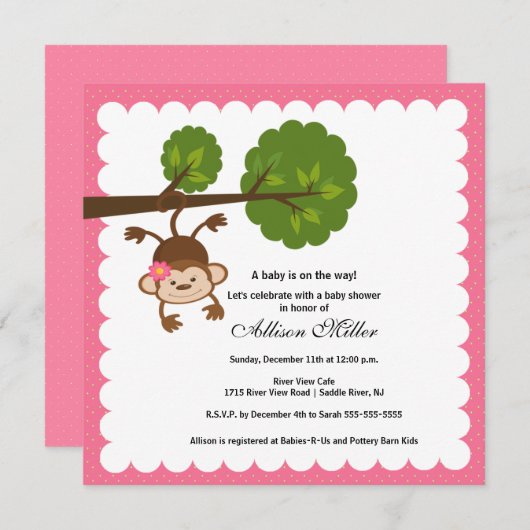 Invitation à la douche pour petite fille de singe (Devant / Derrière)