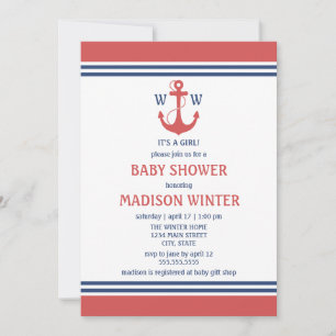 Invitation à la douche rouge Nautique pour bébés